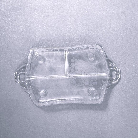 Etched Glass 3-Section Relish Tray With Handles & Feet Floral Design Elegant Din - Picture 2 of 5
